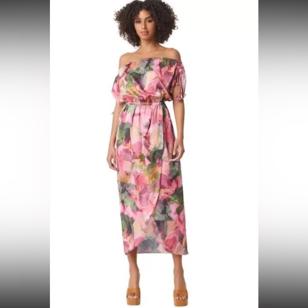 NWT MISA Mara On or Off the Shoulder Satin Dress Sz XS Bright Watercolor Floral